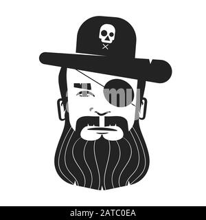 Pirate Head Of A One-Eyed Pirate With A Beard And Moustay On A White Background. Logo Pour Affiches, Affiches Illustration de Vecteur