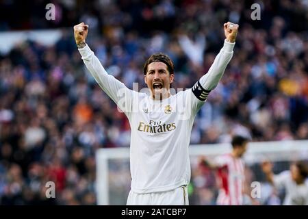Madrid, Espagne. 01 février 2020. Sergio Ramos du Real Madrid célèbre pendant le match de la Liga entre Le Real Madrid et l'Atletico de Madrid au stade Santiago Bernabeu. (Note Finale: Real Madrid 1 - Atletico De Madrid 0) Crédit: Sopa Images Limited/Alay Live News Banque D'Images