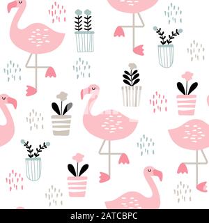 Motif sans couture avec mignons flamants roses dessinés Illustration de Vecteur