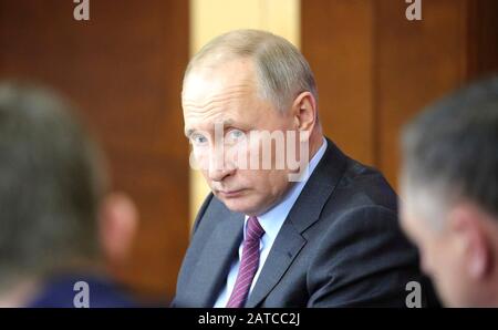 Le président russe Vladimir Poutine préside une réunion du Conseil pour le développement de l'autonomie locale le 30 janvier 2020 à Krasnogorsk, Moscou, Russie. Banque D'Images