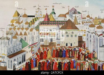 La procession de Tsar Mikhaïl Fedorovich (Michael de Russie) de la Chambre d'Or à la cathédrale de l'Assomption pour le mariage le 11 juillet 1613. Banque D'Images