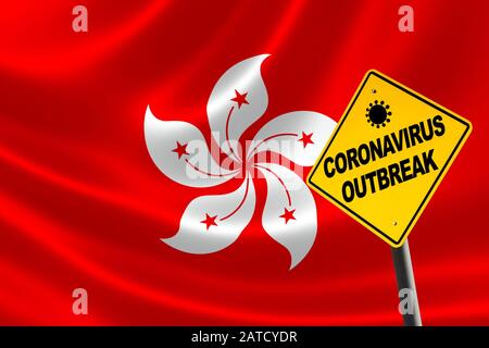 Avertissement de l'éclosion de coronavirus contre un drapeau de Hong Kong avec espace de copie. Concept de cas croissants de Coronavirus à Hong Kong, Chine. Banque D'Images