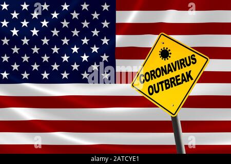 Avertissement de l'éclosion de coronavirus contre un drapeau des États-Unis avec espace de copie. Concept de cas croissants de Coronavirus aux États-Unis Banque D'Images