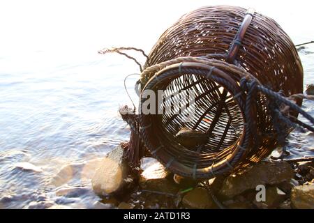 Un fond en rotin tissé ou un panier de pêche qui est un récipient traditionnel de poisson dans un village de pêche rural au Cambodge qui montre la vie et la culture authentiques Banque D'Images