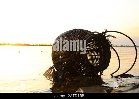 Un faux-filet de rotin ou un panier de pêche qui est un récipient de poisson traditionnel dans un village de pêche rural au Cambodge qui montre la vie quotidienne authentique des khmers Banque D'Images