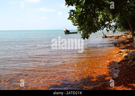 Magnifique scène estivale idyllique d'un bateau de pêche traditionnel amarré au large de la côte de Kep, au Cambodge Banque D'Images