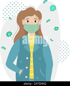 Une fille dans un masque médical de protection se protège de l'infection. Maladie virale. Épidémie. Illustration de Vecteur