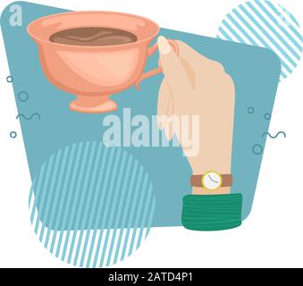 Illustration vectorielle avec une tasse de café dans la main d'une femme. Main tenant une tasse. Illustration de Vecteur