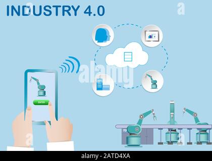 Cloud computing dans l'organisation numérique de la production. Vecteur montrant les mains tenant le smartphone et organisant la production robotique par le biais du clo Illustration de Vecteur