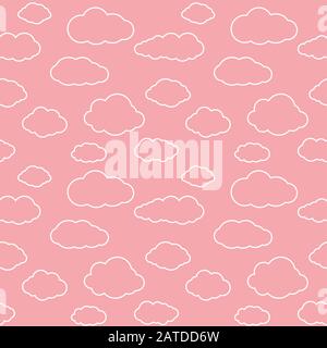 Nuages modèle transparent. Fond continu rose vif avec nuages de ciel de ligne mince blancs. Texture vectorielle simple et répétée au format eps8. Illustration de Vecteur