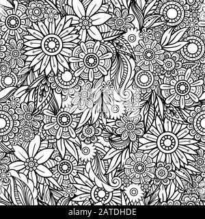 Hand drawn seamless pattern avec feuilles et fleurs. Ornement floral Doodles. Le noir et blanc des éléments décoratifs. Parfait pour le papier peint, des profils des livres de coloriage, l'arrière-plan de la page web, des textures de surface. Illustration de Vecteur