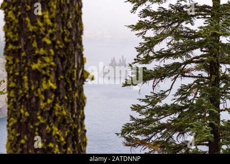 Vue sur l'île de Phantom Ship dans la brume et les arbres lors d'une journée de tempête au bord du lac Crater Banque D'Images