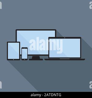 Icônes de smartphone, tablette, ordinateur portable et ordinateur de bureau. Ensemble d'icônes de périphérique à plat. Les périphériques numériques se décomposent avec un écran vide. Conception réactive Illustration de Vecteur
