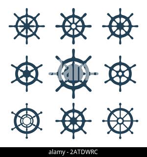 Les icônes vectorielles de la barre d'expédition sont définies. Icônes du volant de direction isolées en blanc. Symboles des icônes du volant de direction. Collection de 9 silhouettes vectorielles de gouvernail. Il Illustration de Vecteur
