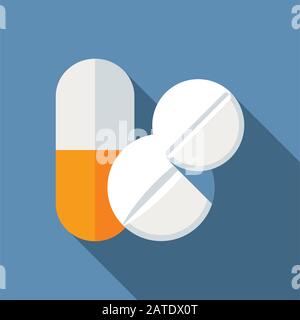 Pilules médicales icône plate. Symbole stylisé des comprimés de médicament. Illustration des soins de santé en format vectoriel EPS8. Illustration de Vecteur