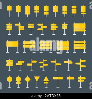 Jeu de 36 panneaux routiers, pointeurs et tableaux icônes plates. Collection d'icônes de signalisation à plat. Modèles de panneaux de guidage vierges en jaune pour navi Illustration de Vecteur