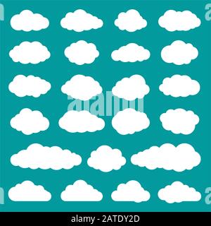 Collection Cloud de vingt-trois icônes plates. Jeu de symboles silhouette de cloudlet. Nuages de ciel blanc isolés sur fond bleu turquoise ou bleu verdâtre. V Illustration de Vecteur