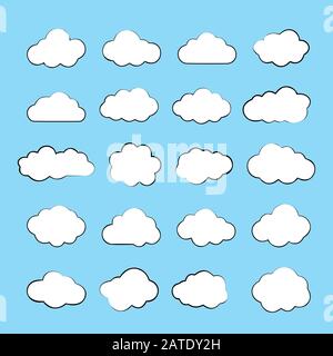 Nuages. Ensemble d'icônes plates de formes de nuage. Symboles de nuage. Nuages isolés sur fond bleu. Collection de pictogrammes de nuages. Icônes vectorielles des nuages plats St Illustration de Vecteur