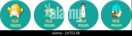 Autocollants de Pâques. Badges ronds. Poulet, ange, lapin. Conception à ressort. Traduction de JOYEUSES PÂQUES espagnoles Illustration de Vecteur