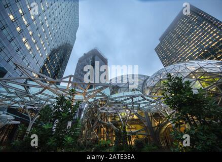 01/22/2018 : vue de l'Amazonie Les Sphères de son siège et tour de bureaux de Seattle WA USA Banque D'Images