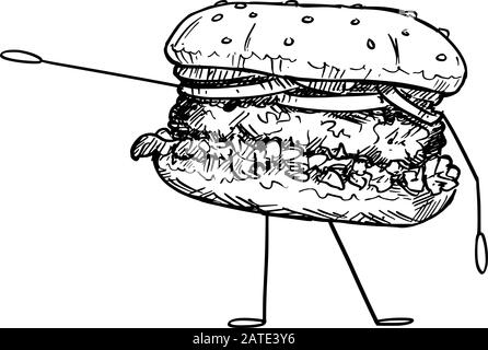 Illustration vectorielle d'un hamburger ou d'un hamburger de dessin animé montrant ou pointant quelque chose à la main. Un style de vie sain et une publicité ou un design marketing pour les aliments indésirables ou les aliments rapides. Illustration de Vecteur