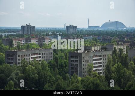Place centrale dans la ville abandonnée de Pripyat dans la zone d'exclusion de Tchernobyl, en Ukraine Banque D'Images