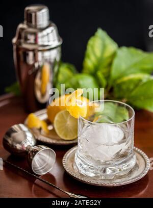 Un verre de whisky en cristal avec un grand morceau de glace sphérique et une garniture d'agrumes. Banque D'Images