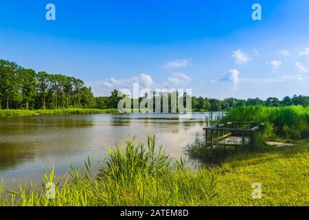 Le lac d'eau avec jetée dans le melanen, Halsteren, Bergen op zoom, Pays-Bas Banque D'Images