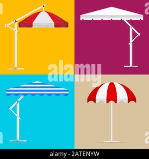 Ensemble parasol de plage. Collection de parasol à rayures et blanc. Ensemble d'auvent de parasol de jardin. Rayures rouges, blanches et bleues. Banque D'Images