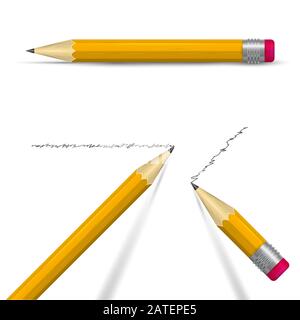 Création d'un jeu de crayons réalistes. Crayons orange aiguisés avec gomme. Deux crayons à bouts avec des ombres et un crayon allongé sur son côté. Banque D'Images