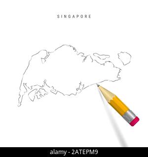 Carte des contours de Singapour isolée sur fond blanc. Carte dessinée à la main vide de Singapour. Crayon 3 dimensions réaliste avec ombre douce. Banque D'Images