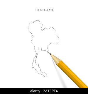 Carte des contours d'esquisse de Thaïlande isolée sur fond blanc. Carte vide tirée à la main de Thaïlande. Crayon 3 dimensions réaliste avec ombre douce. Banque D'Images