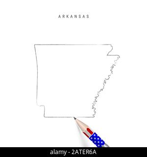 Croquis crayon de la carte de l'État des États-Unis de l'Arkansas Carte des contours de l'Arkansas avec crayon en relief dans les couleurs du drapeau américain. Dessin à main levée , esquisse dessinée à la main isoler Banque D'Images