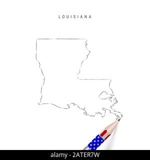 Croquis crayon de la carte d'état de la Louisiane des États-Unis. Carte des contours de la Louisiane avec crayon tridimensionnel dans les couleurs du drapeau américain. Dessin à main levée , esquisse dessinée à la main isola Banque D'Images