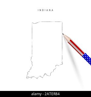 Esquisse crayon de la carte d'état des États-Unis de l'Indiana. Carte des contours de l'Indiana avec crayon tridimensionnel dans les couleurs du drapeau américain. Dessin à main levée , esquisse dessinée à la main isolée Banque D'Images