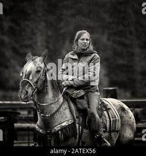 Une femme Wrangler assise sur son cheval sous la pluie, Montana, États-Unis Banque D'Images