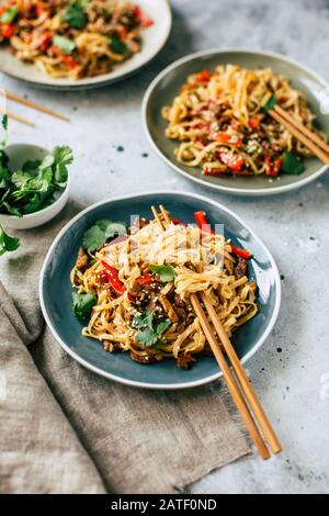 Cuisine asiatique, nouilles udon avec légumes, menu végétarien sain Banque D'Images