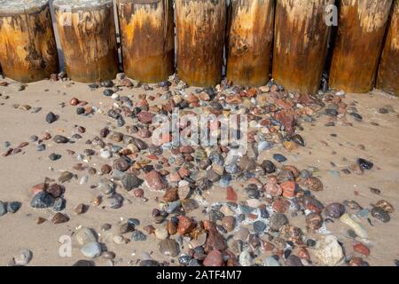 Goynes avec des pierres lavées sur la plage de la mer Baltique dans la station balnéaire Zempin sur Usedom Banque D'Images