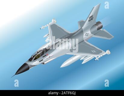 Illustration vectorielle isométrique détaillée d'un avion F-16 Fighter Jet Airborne Illustration de Vecteur