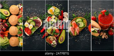 Collage photo. Sandwich et hamburger vue de dessus. Banque D'Images