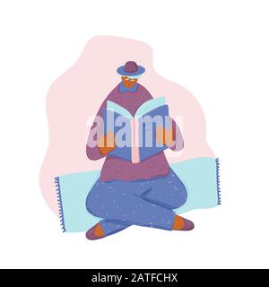 Homme dans le chapeau lecture d'un livre isolé sur fond blanc. Personnage masculin assis avec des jambes croisées sur une couverture et ouvrant un grand livre. Couleur vectorielle Illustration de Vecteur