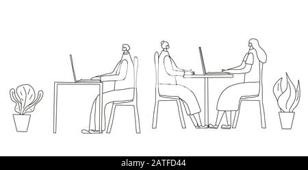 Concept de routine de bureau. Collègues assis à la réception et travaillant. Trois adultes utilisant un ordinateur portable à la table. Les gens lisent le courrier, discutent de nouveau Illustration de Vecteur