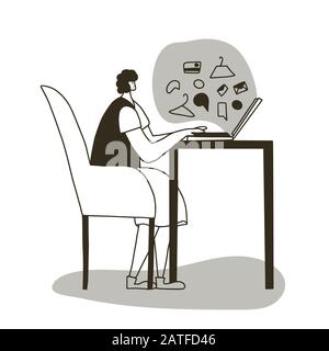 Achats en ligne et e-commerce. Personne senior assis sur un ordinateur portable et passer une commande. Femme achetant quelque chose sur Internet. Navigation de caractères féminins activée Illustration de Vecteur