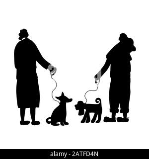 Silhouette de marche en chien. Propriétaires se tenant avec les animaux de compagnie et parler de style de vie. Les jeunes femmes gardent les chiens sur la laisse. Illustration vectorielle. Illustration de Vecteur