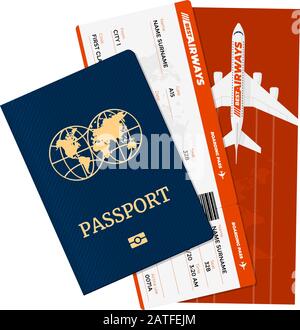 Passeport avec billets d'avion. Pièce d'identité personnelle et carte d'embarquement de la compagnie aérienne. Vector tourisme international voyager concept d'illustration isolée Illustration de Vecteur