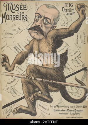 Musée des Hormurs - No. 16 Derniére Culbute - 1899 - Lenepveu, V. - Caricature de Pierre Waldeck-Rousseau (1846-1904) comme singe exécutant des tours sur un fil élevé. Waldeck-Rousseau a été nommé par le président Émile Loubet à la tête d'un cabinet en 1899 à la hauteur de l'affaire Dreyfus. Il a été premier ministre de la France de 1899 à 1902 et a finalement accordé à Dreyfus un pardon et une amnistie générale. Couleur de la main. Banque D'Images