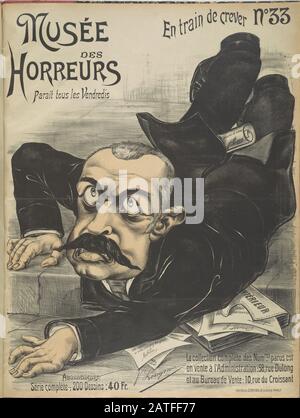 Musée des Horreurs - No. 33 En train de Crever - 1899 - Lenepveu, V. - Caricature de Pierre Waldeck-Rousseau (1846-1904) descendant un escalier. Waldeck-Rousseau a été nommé par le président Émile Loubet à la tête d'un cabinet en 1899 à la hauteur de l'affaire Dreyfus. Il a été premier ministre de la France de 1899 à 1902 et a finalement accordé à Dreyfus un pardon et une amnistie générale. Couleur de la main. Banque D'Images