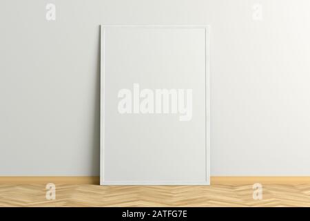 Maquette de cadre d'affiche verticale vierge debout sur le sol blanc à côté du mur blanc. Chemin de détourage autour de l'affiche Banque D'Images
