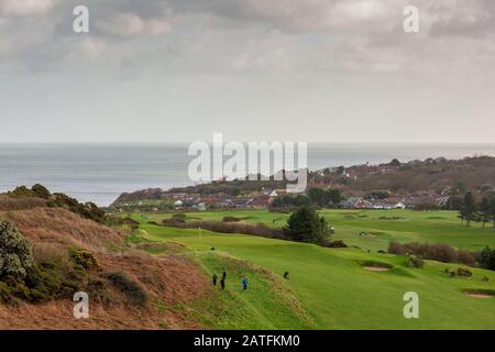 Vue sur Overstrand sur le Royal Cromer Golf course, Cromer, Norfolk Banque D'Images