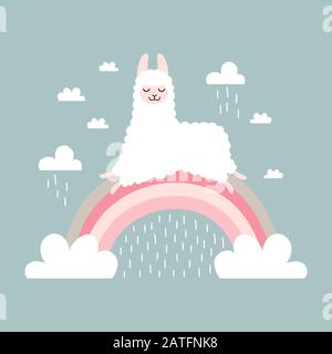 Mignonne dessin animé lama sur l'arc-en-ciel avec des nuages Illustration de Vecteur